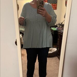 LOGO by Lori Goldstein Soft Green Lace Detail Tunic